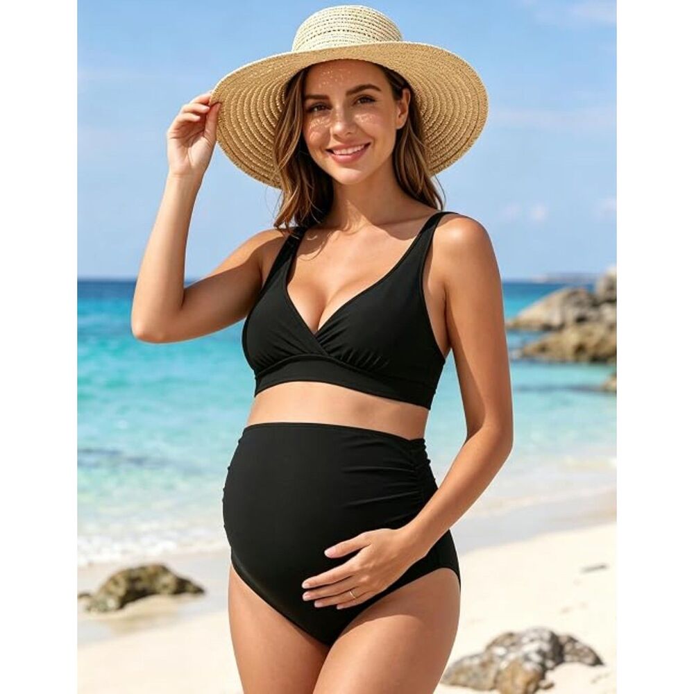 V Neck Maternity Swimsuit, Two Piece Ruched Bathing Suit Bikini (XL. Black)